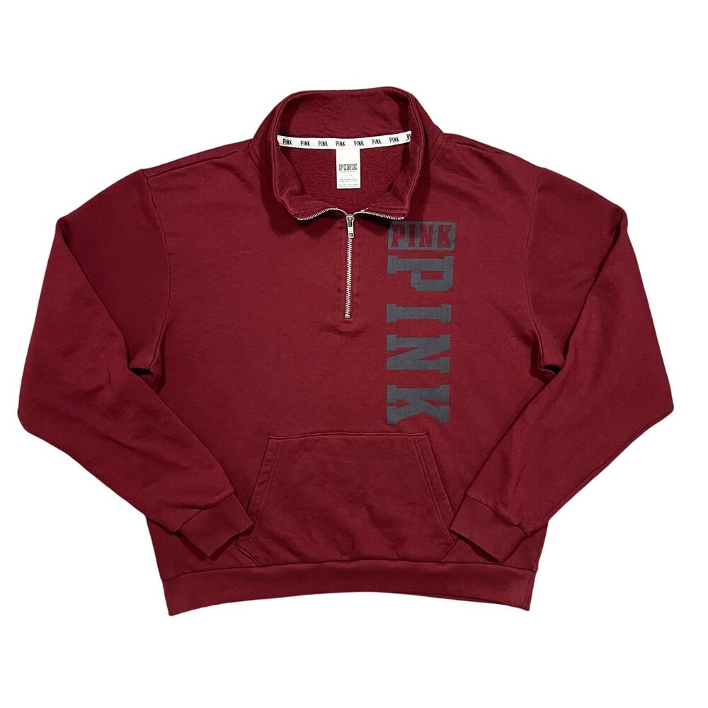 PINK Victoria's Secret Maroon Red Green 1/4 Zip Pullover Sweatshirt Womens Large